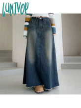 Lunivop Woman Casual Denim Pleated Plush Skirt Maxi High Waist Gradient Color Tie-Dyed Wash Simple